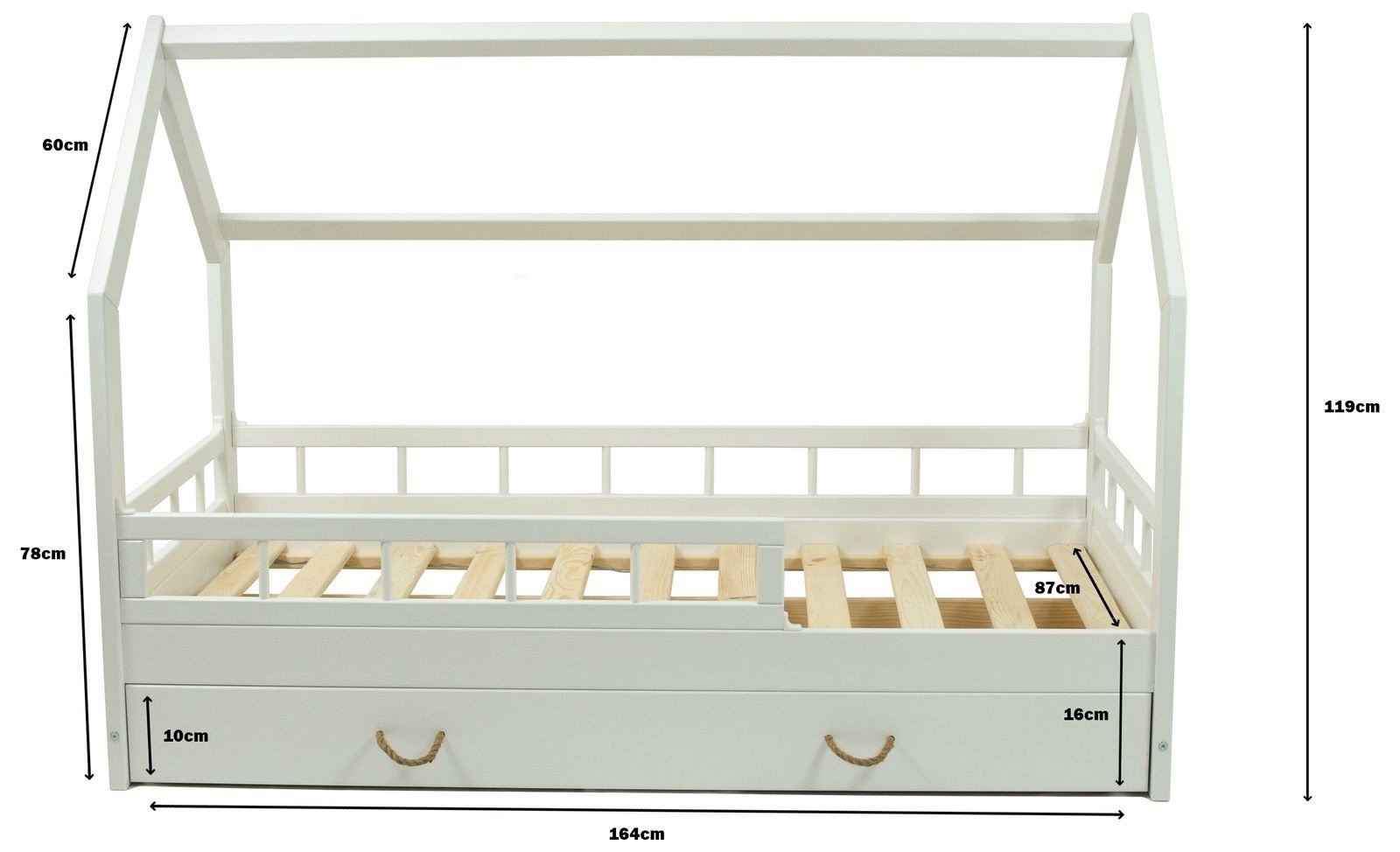 Massief houten kinderbed - Scandinavische stijl - huisbed - 160x80cm - met barrierres - wit