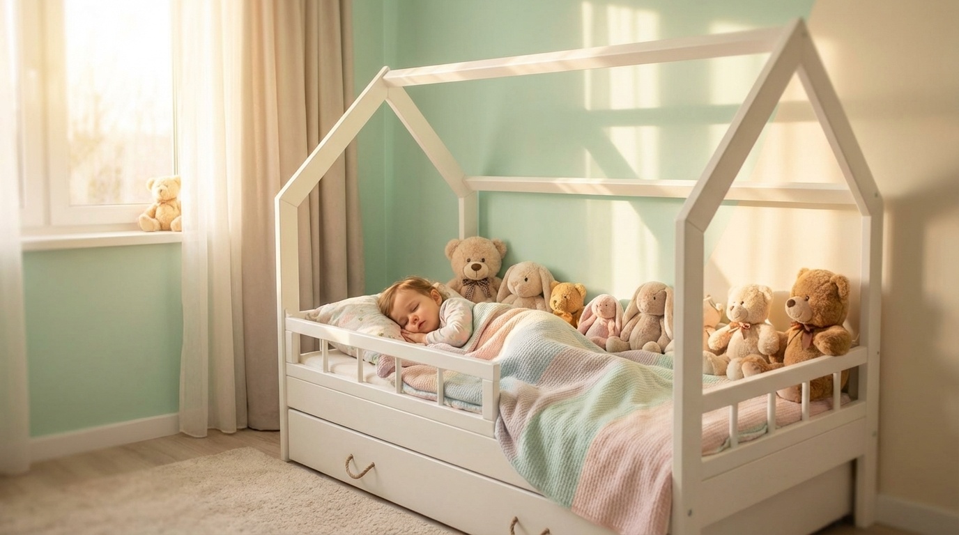 Massief houten kinderbed - Scandinavische stijl - huisbed - 160x80cm - met barrierres - wit