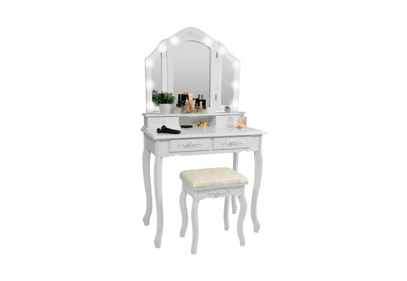 Kaptafel - met spiegel - licht en krukje - 75x40x140 cm - wit