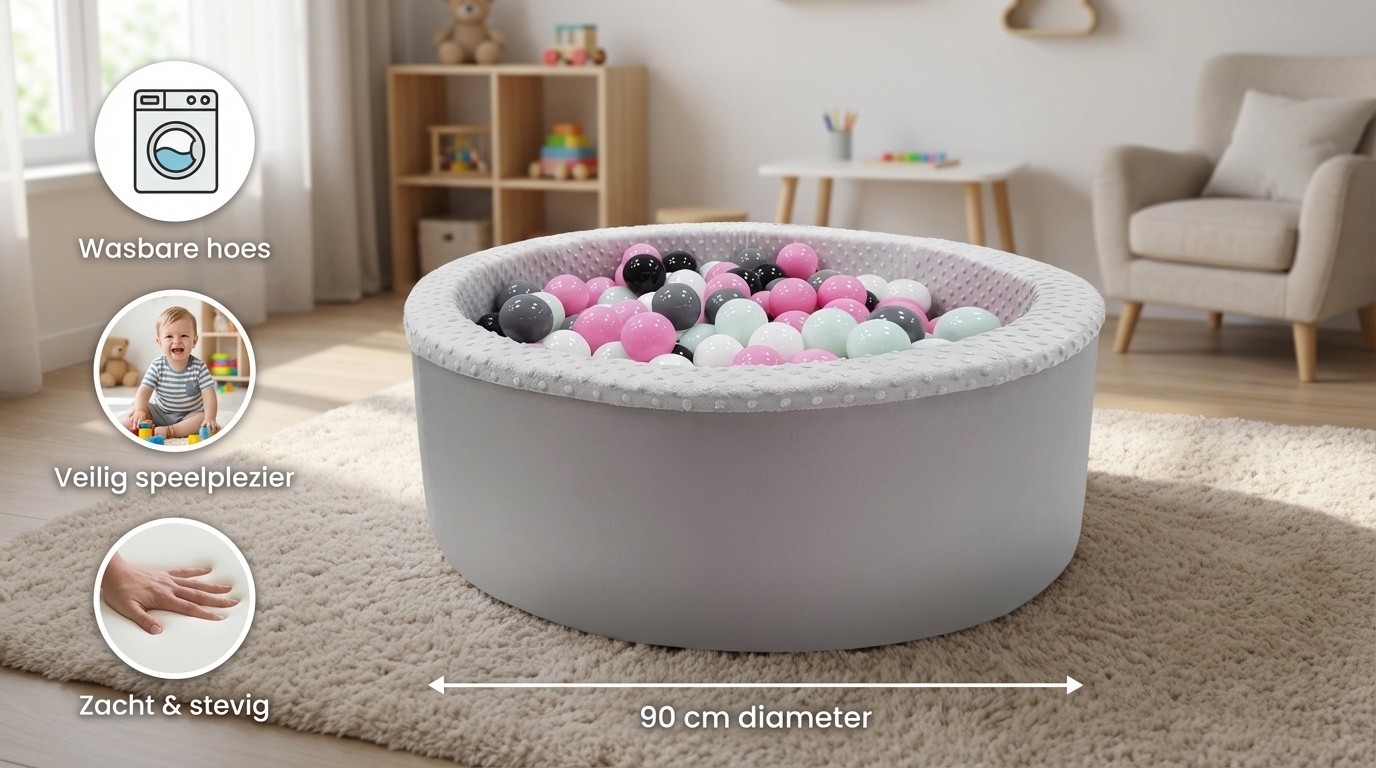 Ballenbak met 200 ballen - roze, wit, grijs & zwart - 90 cm diameter - grijs