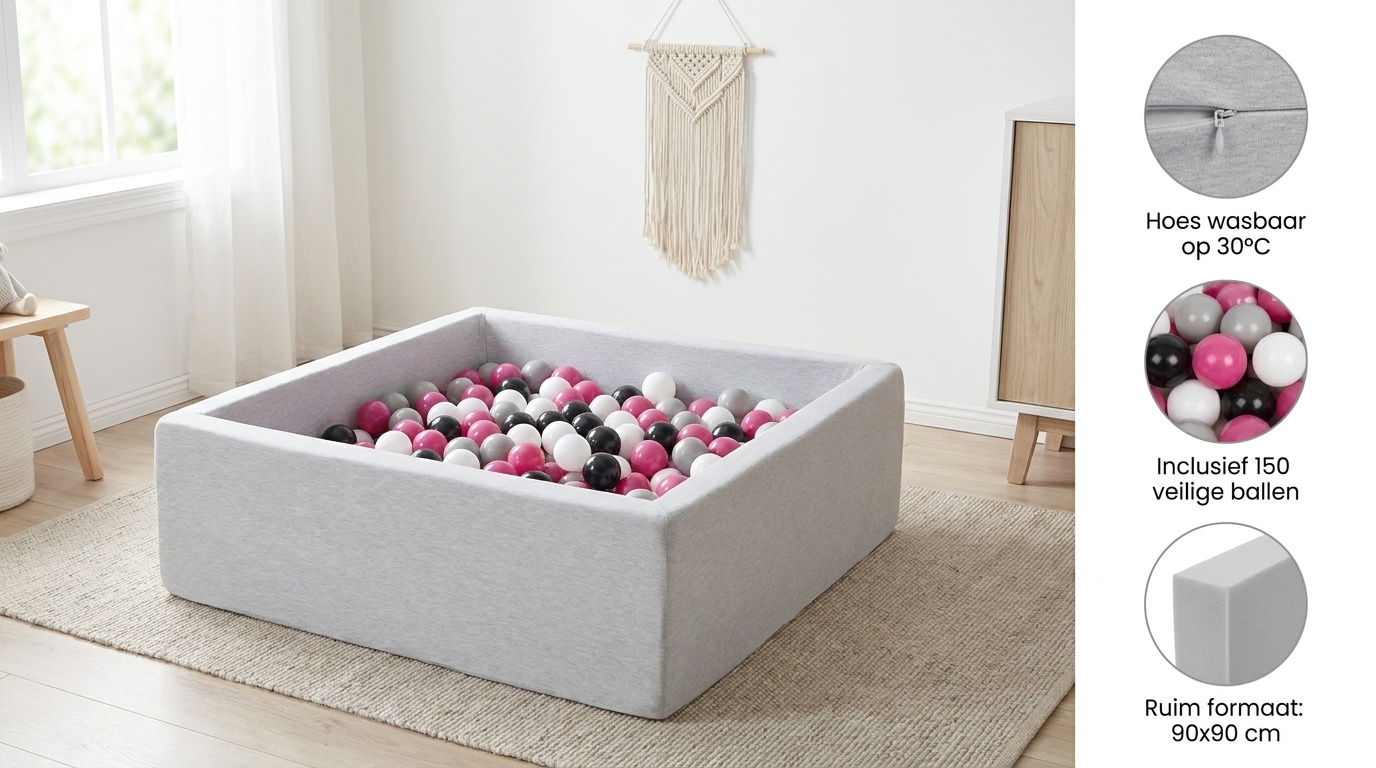 Ballenbak - stevige ballenbad - 90x90 cm - 150 ballen Ø 7 cm - wit, roze, grijs, zwart.