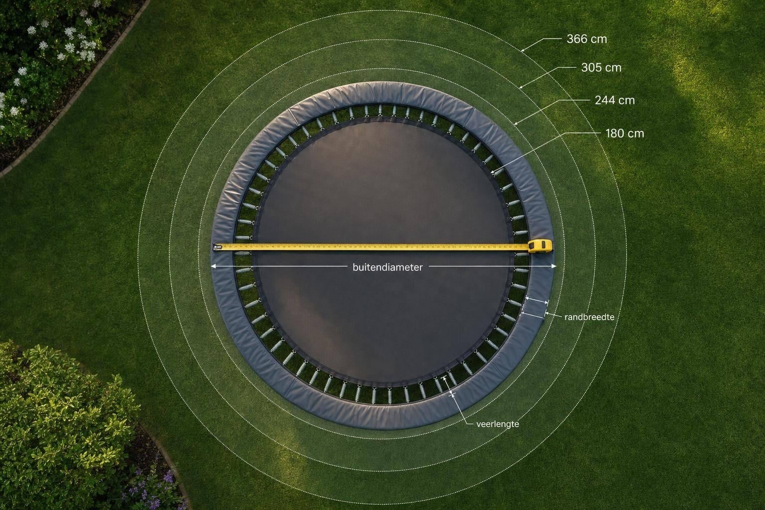 Trampolinerand vervangen: welke maat past op jouw trampoline (180, 244, 305, 366 cm)?