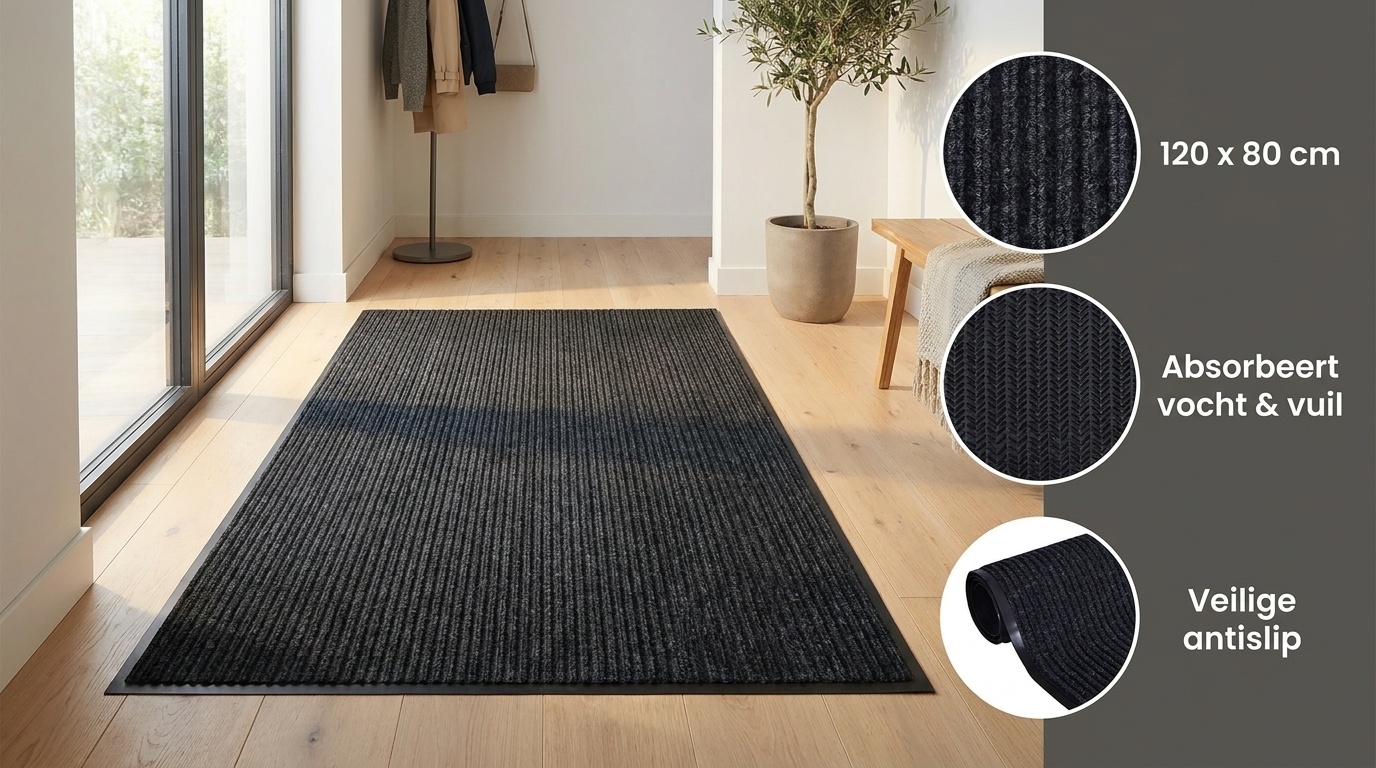 Deurmat - 80x120 cm – absorberend – zwart geribbeld