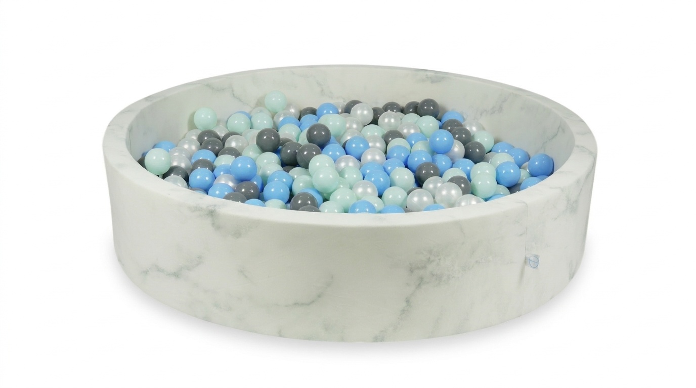 Ballenbak marmer met 600 mint, parelmoer, lichtblauw, grijze ballen - 130 x 30 cm - rond