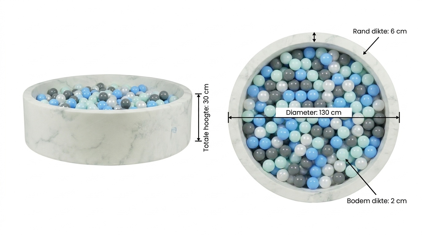 Ballenbak marmer met 600 mint, parelmoer, lichtblauw, grijze ballen - 130 x 30 cm - rond