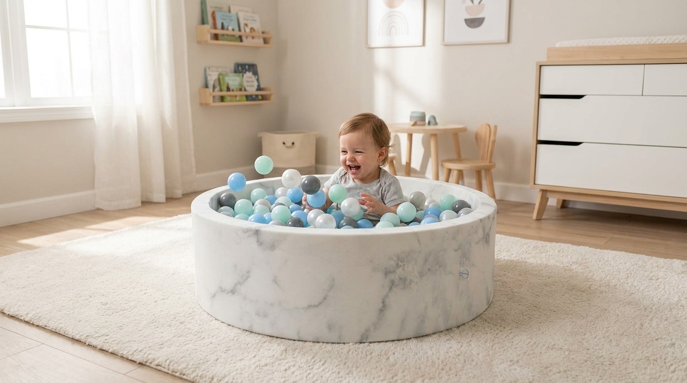 Ballenbak marmer met 600 mint, parelmoer, lichtblauw, grijze ballen - 130 x 30 cm - rond