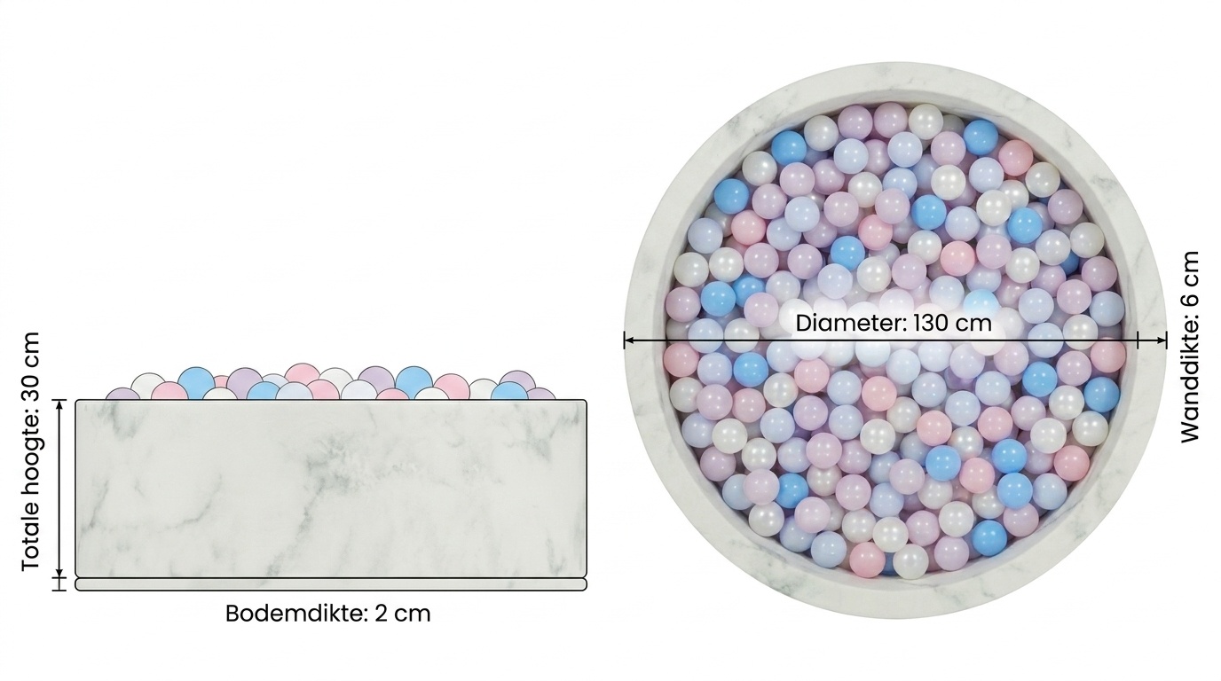 Ballenbak marmer met 600 lichtroze, parelmoer, lichtblauwe ballen - 130 x 30 cm - ron