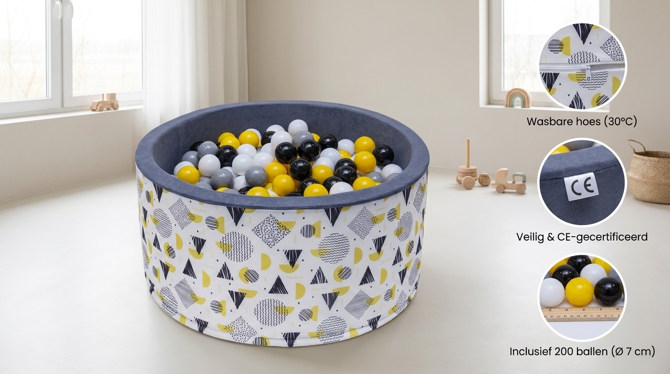 Ballenbak - stevige ballenbad -90 x 40 cm - 200 ballen Ø 7 cm - geel, wit, grijs en zwart