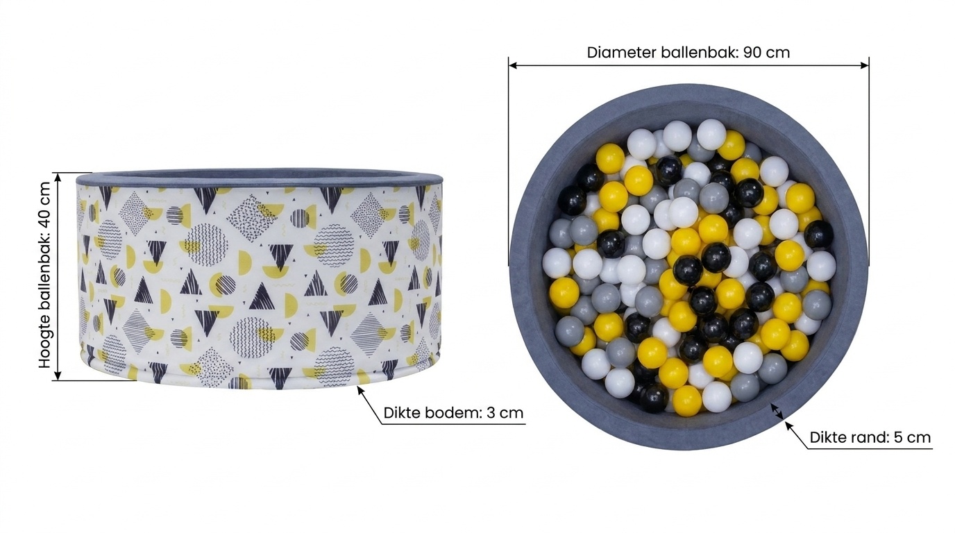 Ballenbak - stevige ballenbad -90 x 40 cm - 200 ballen Ø 7 cm - geel, wit, grijs en zwart