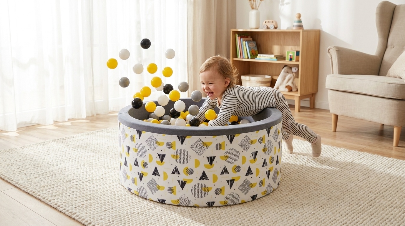 Ballenbak - stevige ballenbad -90 x 40 cm - 200 ballen Ø 7 cm - geel, wit, grijs en zwart