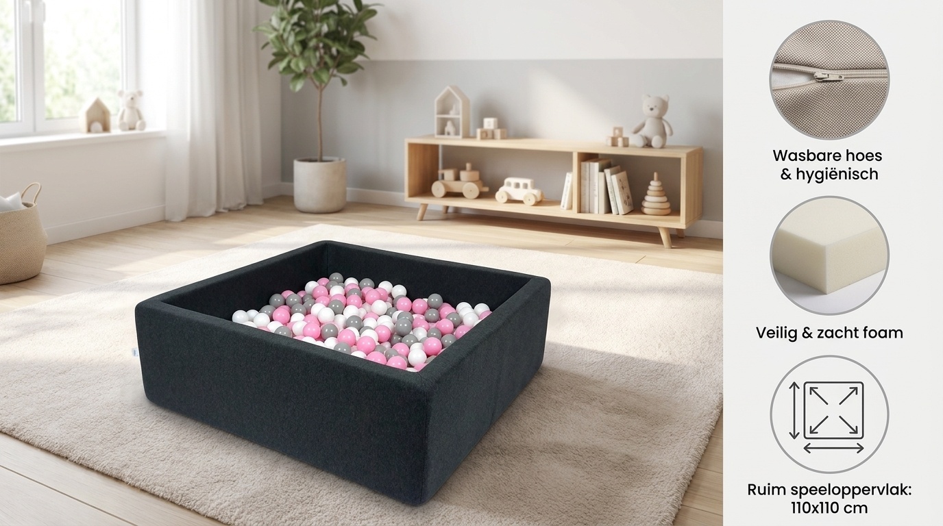 Ballenbak - 600 ballen - 110 x 110 cm - ballenbad - vierkant zwart