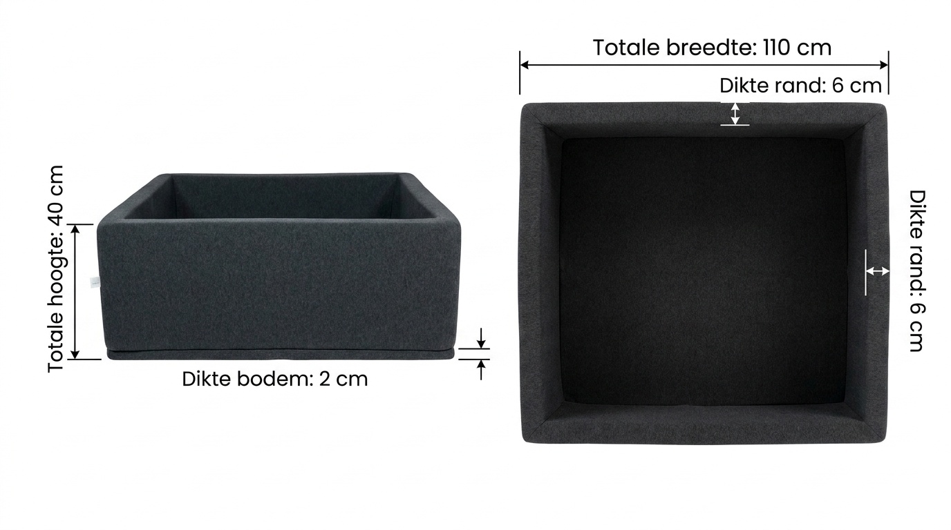 Ballenbak - 600 ballen - 110 x 110 cm - ballenbad - vierkant zwart