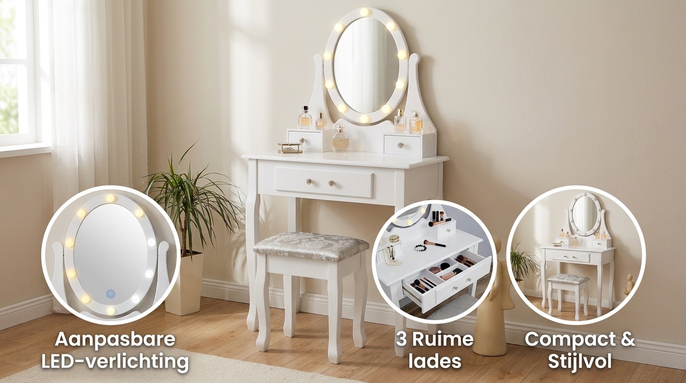 Make-up tafel met LED spiegel - Wit, Grenen/MDF, 80x40x137cm