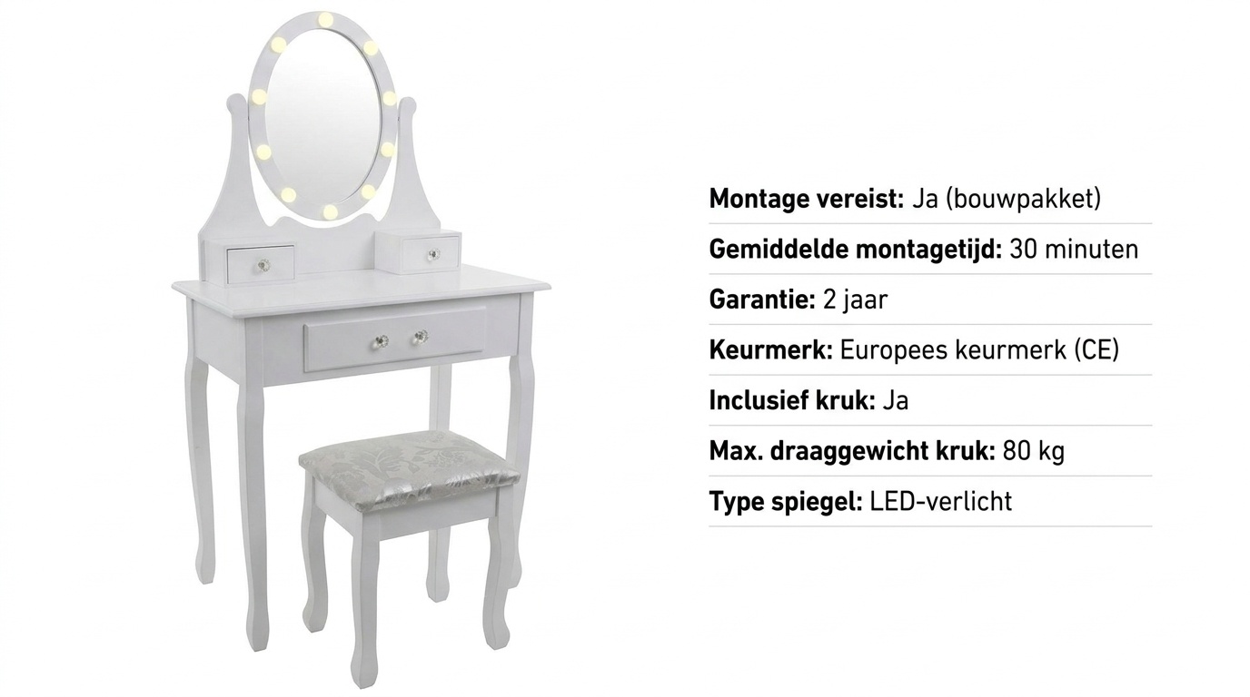 Make-up tafel met LED spiegel - Wit, Grenen/MDF, 80x40x137cm