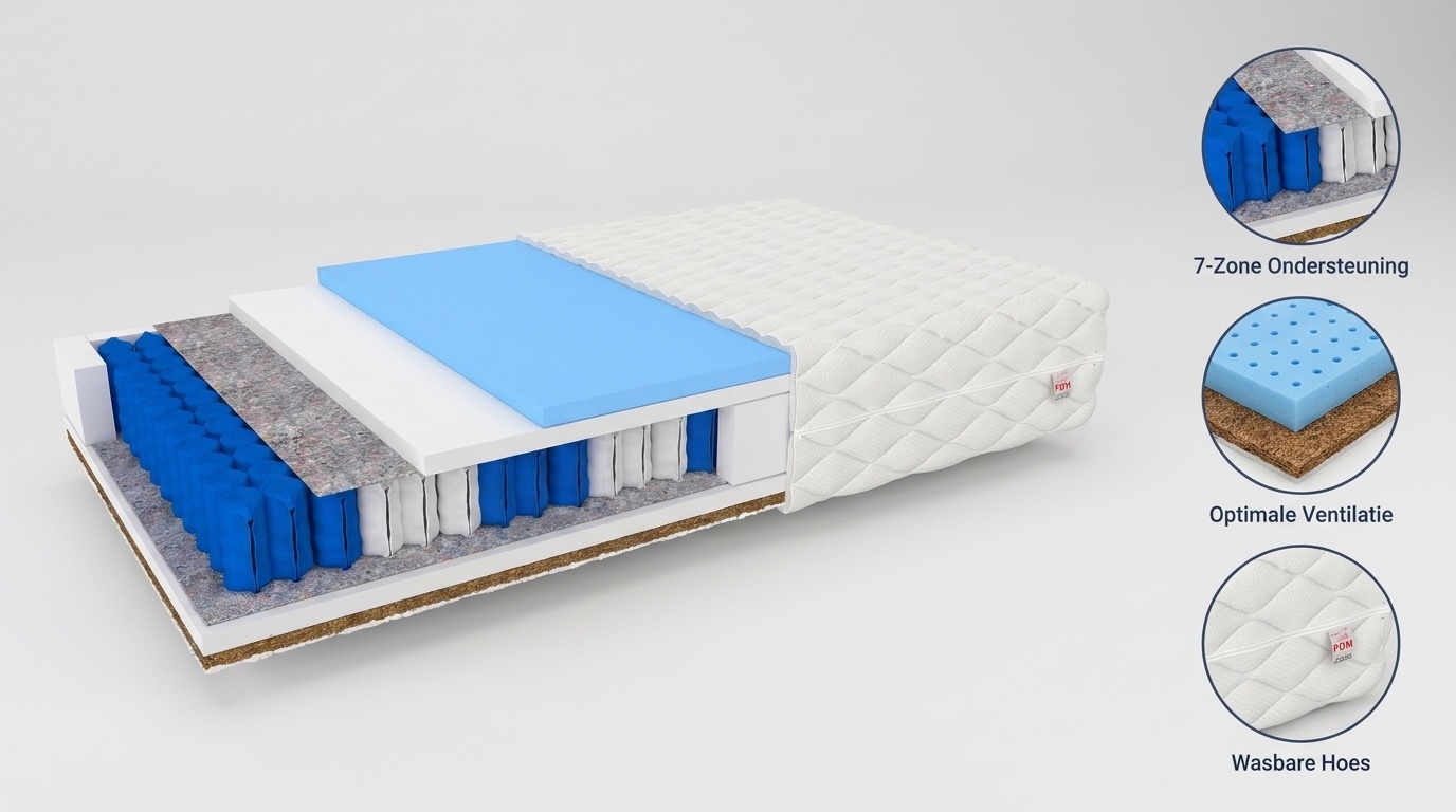 Ergonomisch matras 180x200 | 7 Zone Pocketvering, Kokos, Wit, 20cm