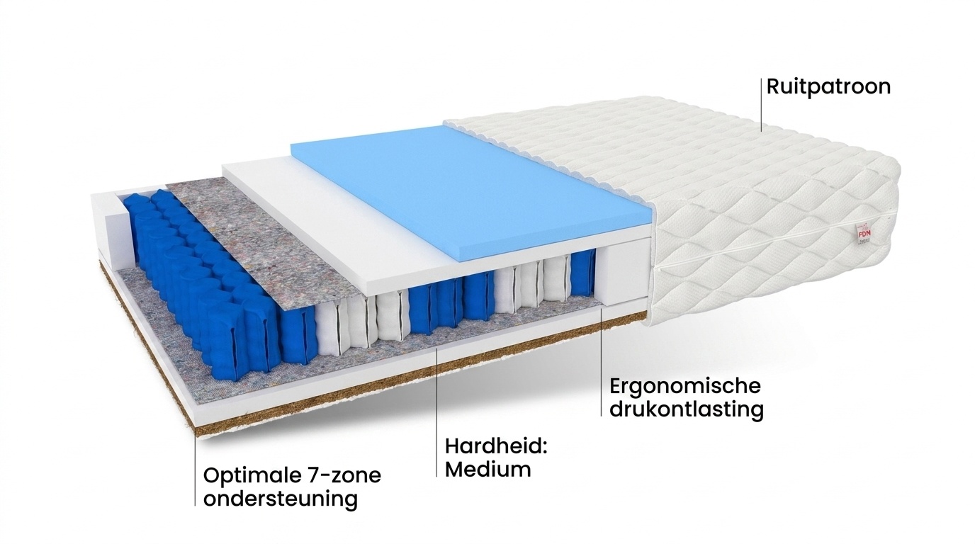 Ergonomisch matras 180x200 | 7 Zone Pocketvering, Kokos, Wit, 20cm