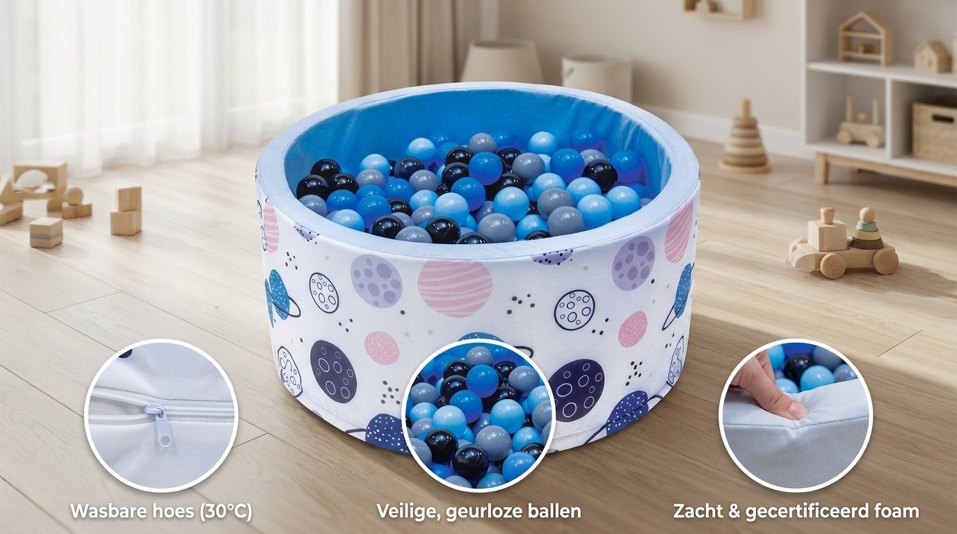 Ballenbak - stevige ballenbad -90 x 40 cm - 200 ballen Ø 7 cm - donkerblauw, grijs, zwart en lichtblauw