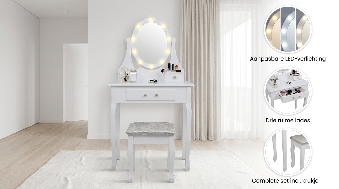 Witte kaptafel met lades - 80x40x137cm | Grenen & MDF | LED Spiegel