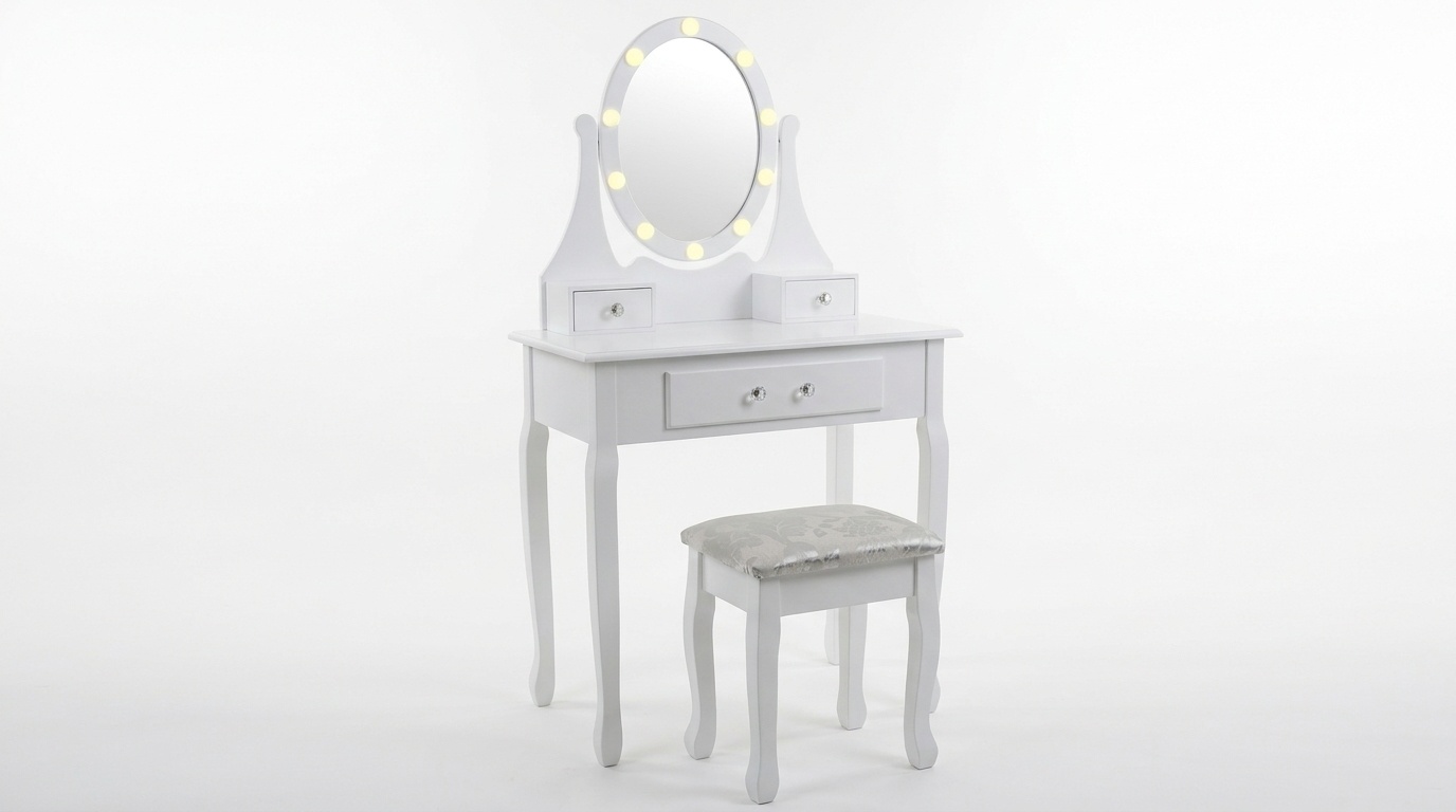 Witte kaptafel met lades - 80x40x137cm | Grenen & MDF | LED Spiegel