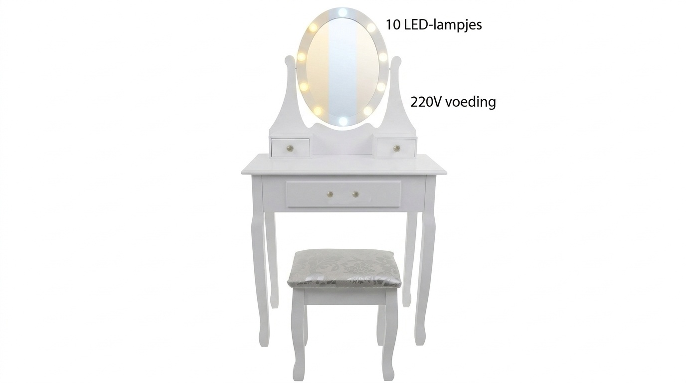 Witte kaptafel met lades - 80x40x137cm | Grenen & MDF | LED Spiegel