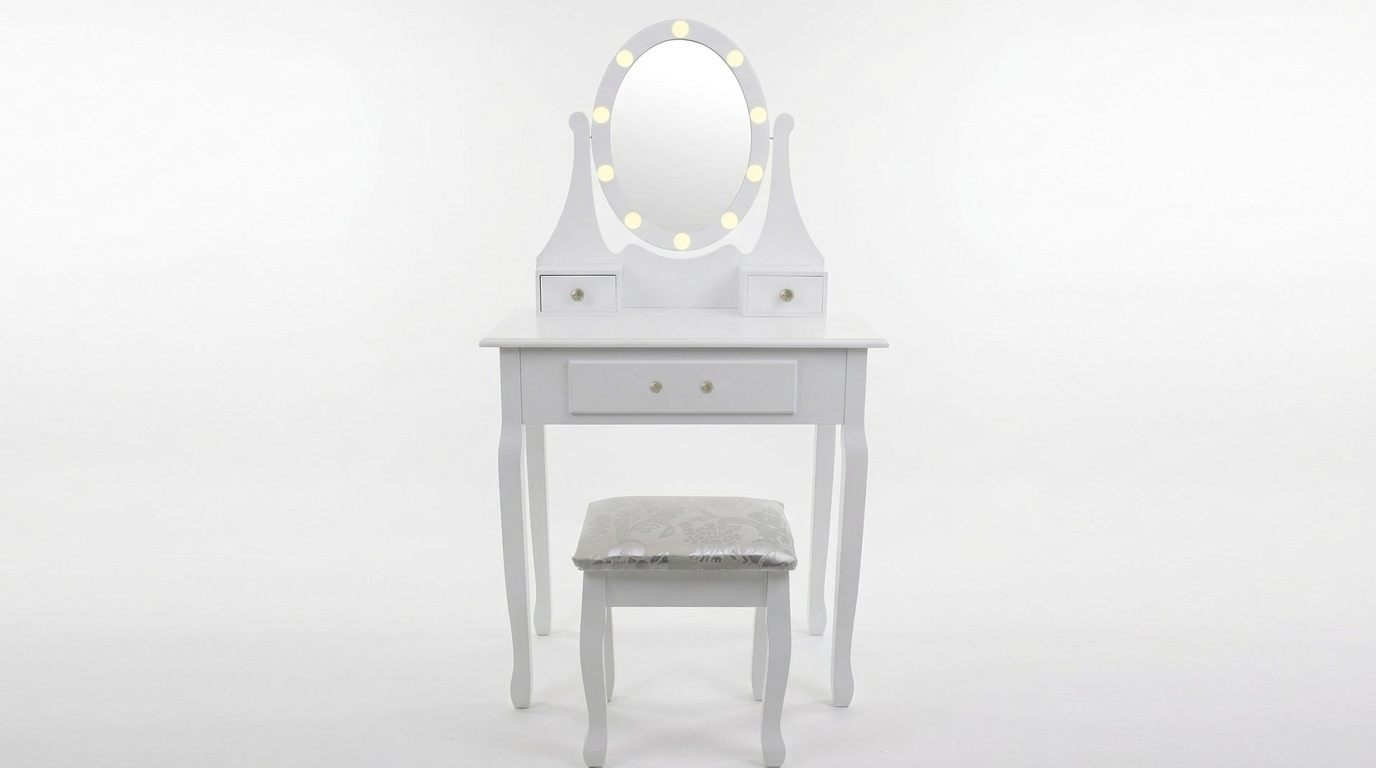 Witte kaptafel met lades - 80x40x137cm | Grenen & MDF | LED Spiegel