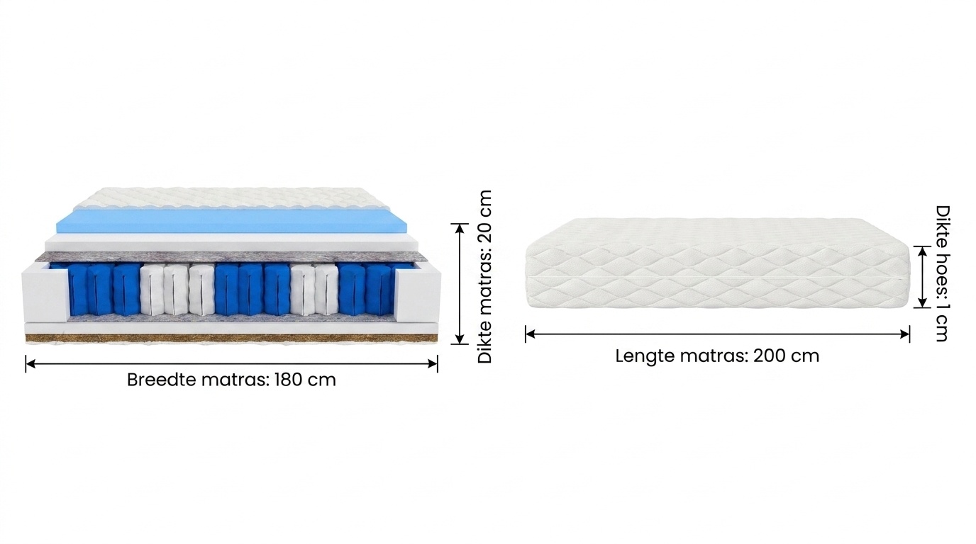 Matras kokos 180x200 | 7-zone pocketvering, 20cm dik, wit