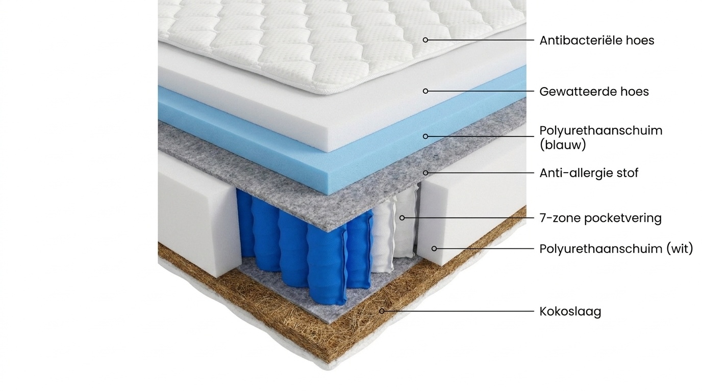 Matras kokos 180x200 | 7-zone pocketvering, 20cm dik, wit