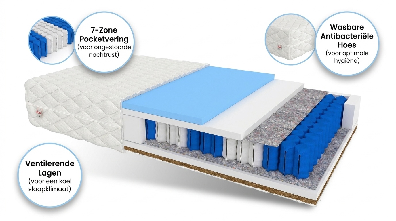 7 Zone Pocketvering Matras 180x200 x 20 cm kokosnoot ergonomisch