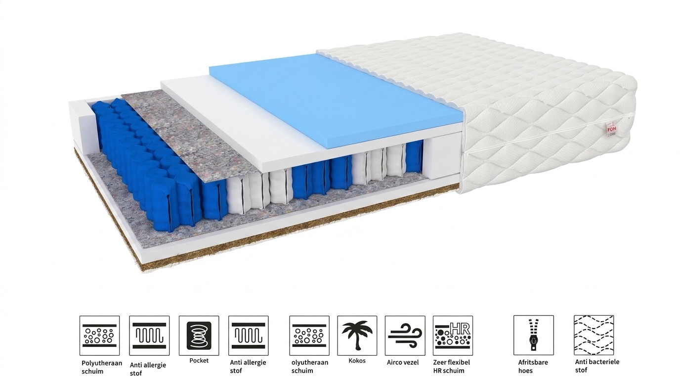 7 Zone Pocketvering Matras 180x200 x 20 cm kokosnoot ergonomisch