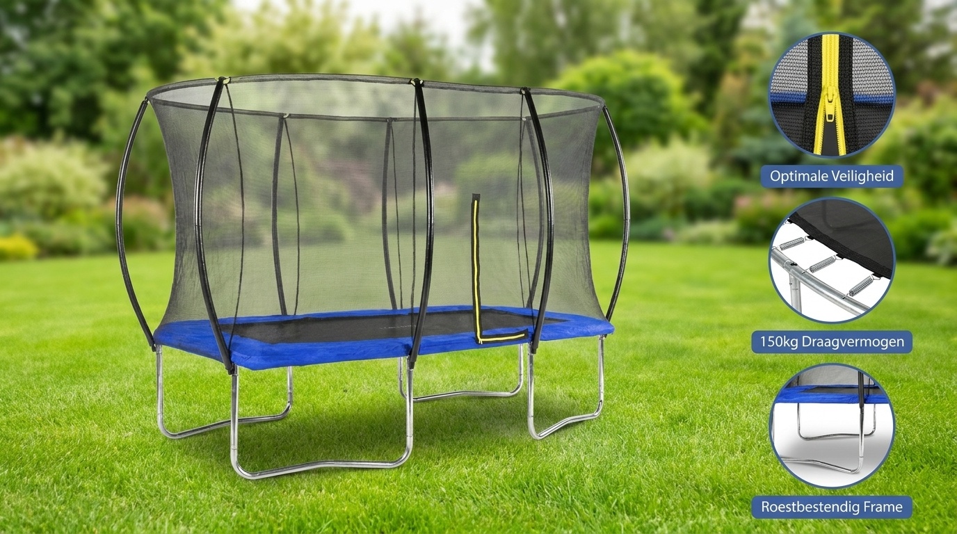 Trampoline rechthoekig - 180x270cm - met veiligheidsnet - blauw