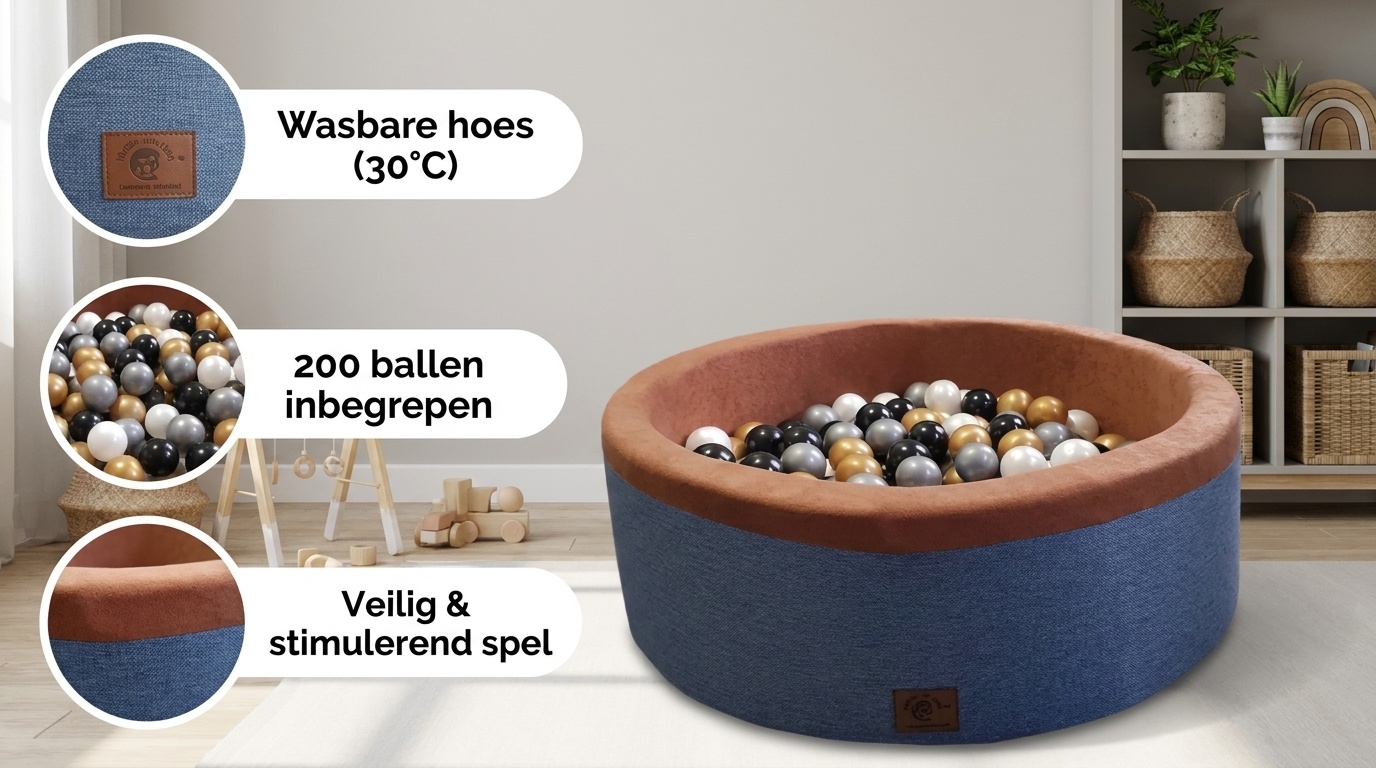 Blauwe ballenbad - stevige ballenbak - 90 x 30 cm - 200 ballen Ø 7 cm - wit, goud, zilver, zwart