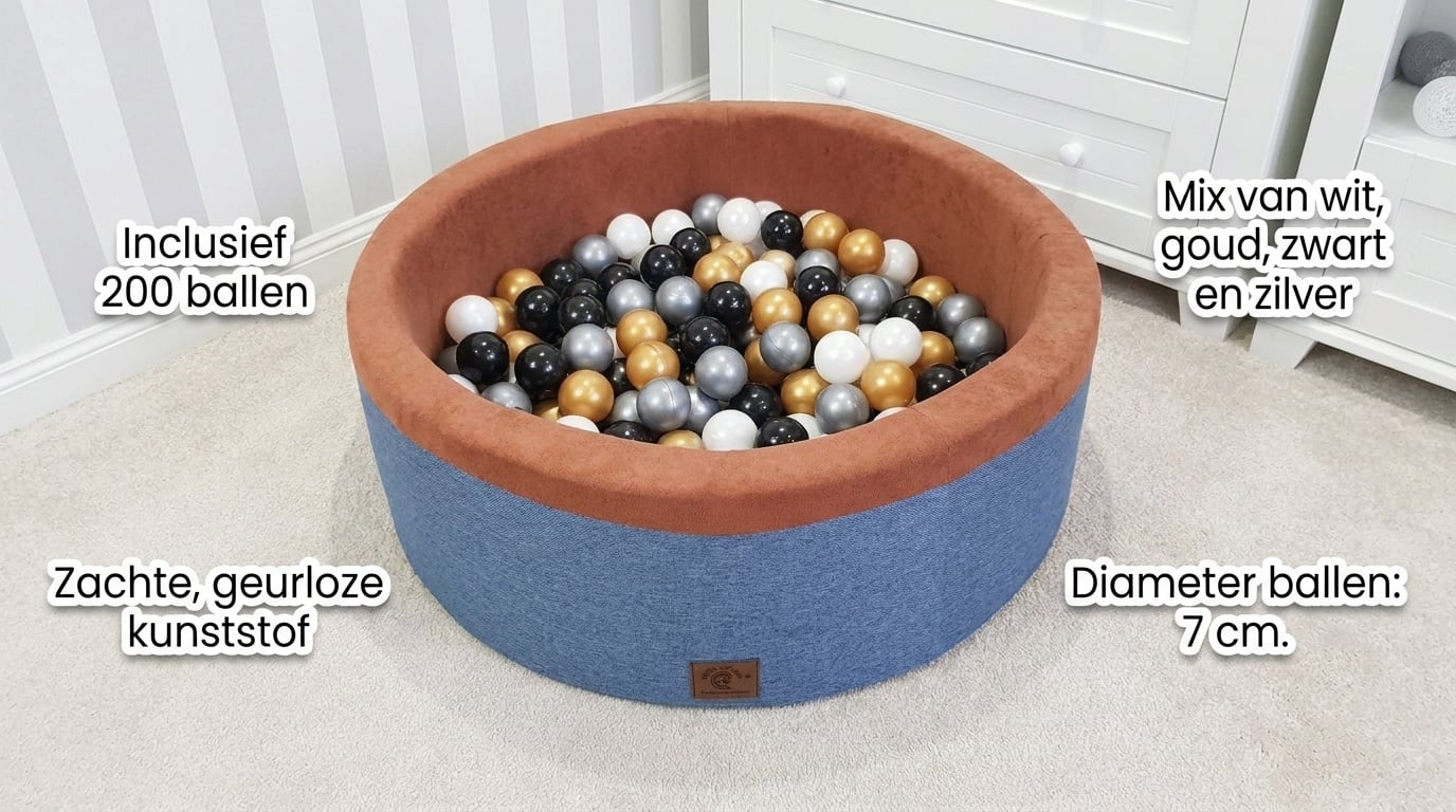 Blauwe ballenbad - stevige ballenbak - 90 x 30 cm - 200 ballen Ø 7 cm - wit, goud, zilver, zwart