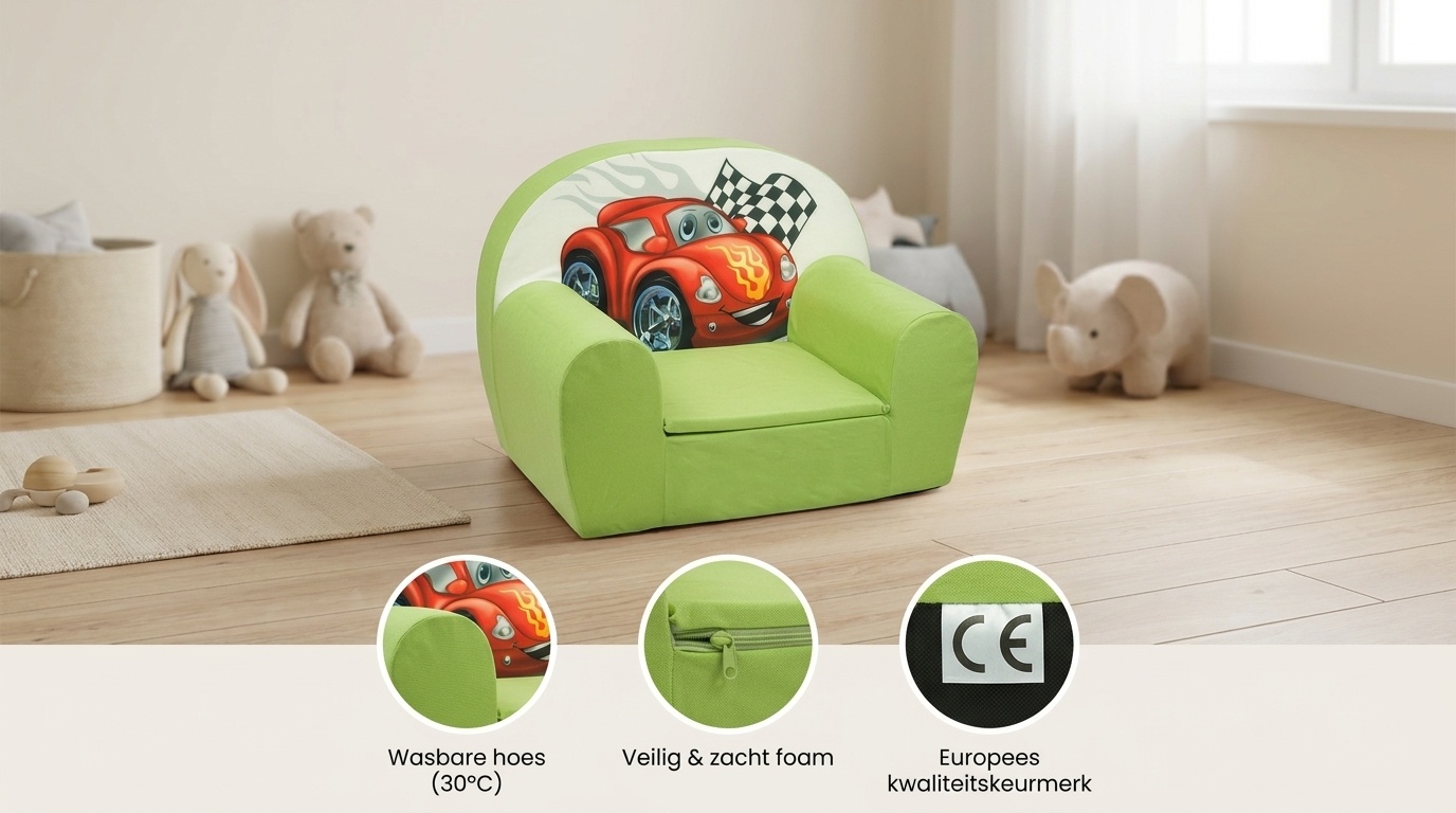 Luxe kinderstoel - zetel - sofa - 60 x 45 - groen cars