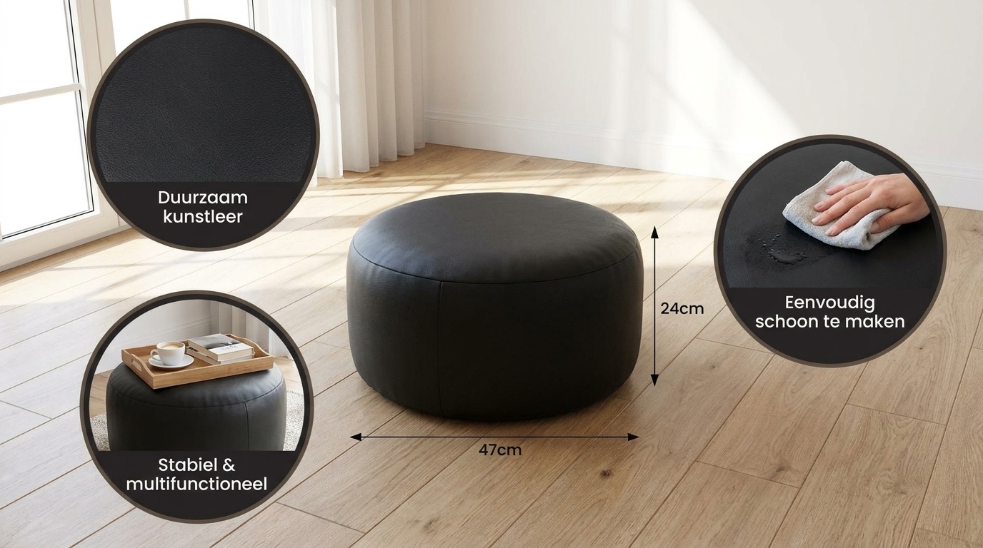 Zwarte poef kunstleer - 47x24cm - Rond - Zwart kunstleer