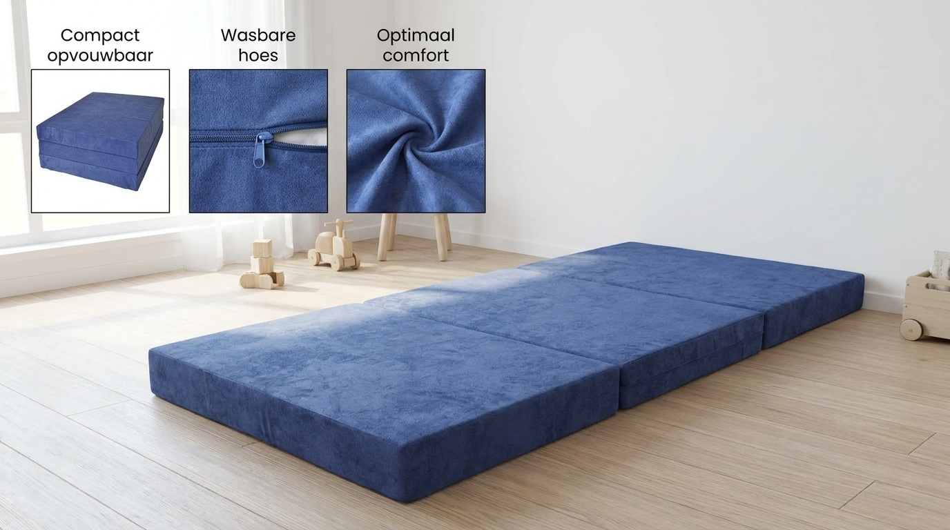 Kinder logeermatras - navy blauw - camping matras - reismatras - opvouwbaar matras - 120 x 60 x 6