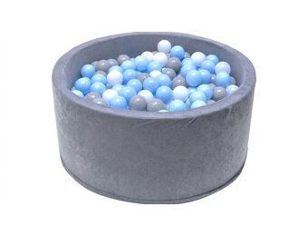 Ballenbak - stevige grijze ballenbad - 90 x 40 cm - 400 ballen Ø 7 cm - blauw, wit, grijs
