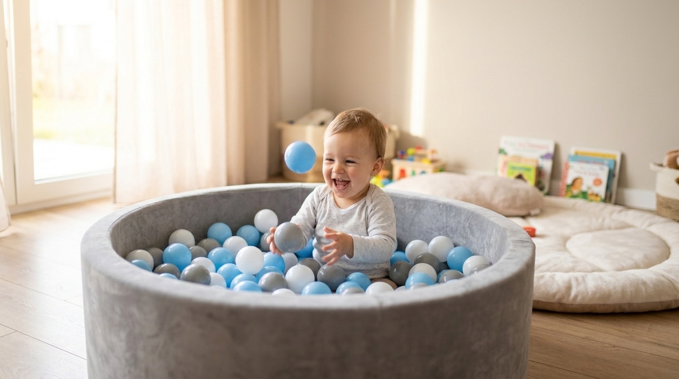 Ballenbak - stevige grijze ballenbad - 90 x 40 cm - 400 ballen Ø 7 cm - blauw, wit, grijs