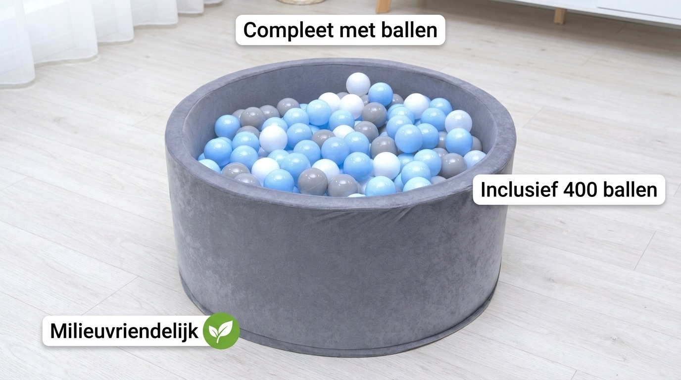 Ballenbak - stevige grijze ballenbad - 90 x 40 cm - 400 ballen Ø 7 cm - blauw, wit, grijs