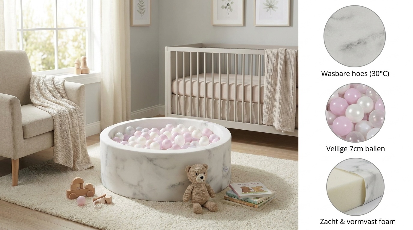 Ballenbak marmer met 200 licht roze parelmoer wit transparante ballen - 90 x 30 cm - rond