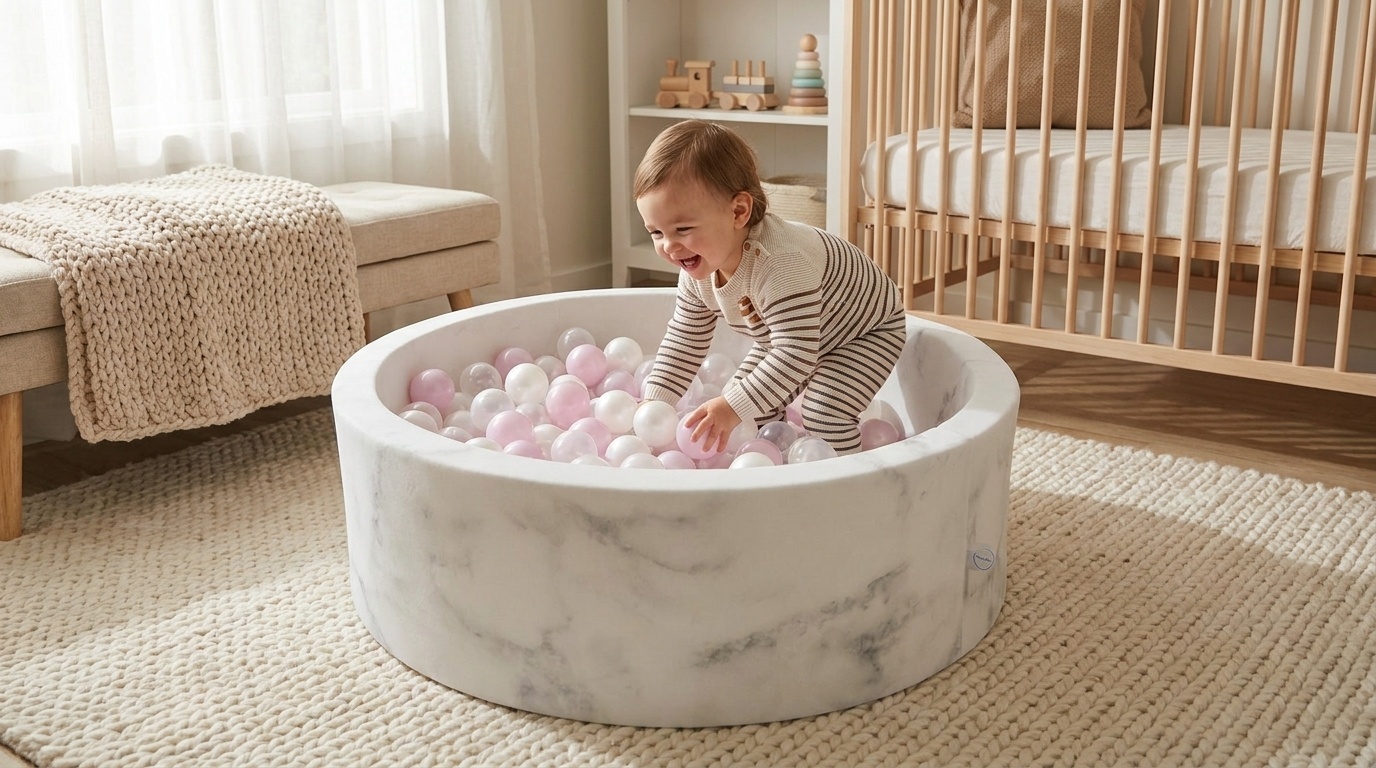Ballenbak marmer met 200 licht roze parelmoer wit transparante ballen - 90 x 30 cm - rond