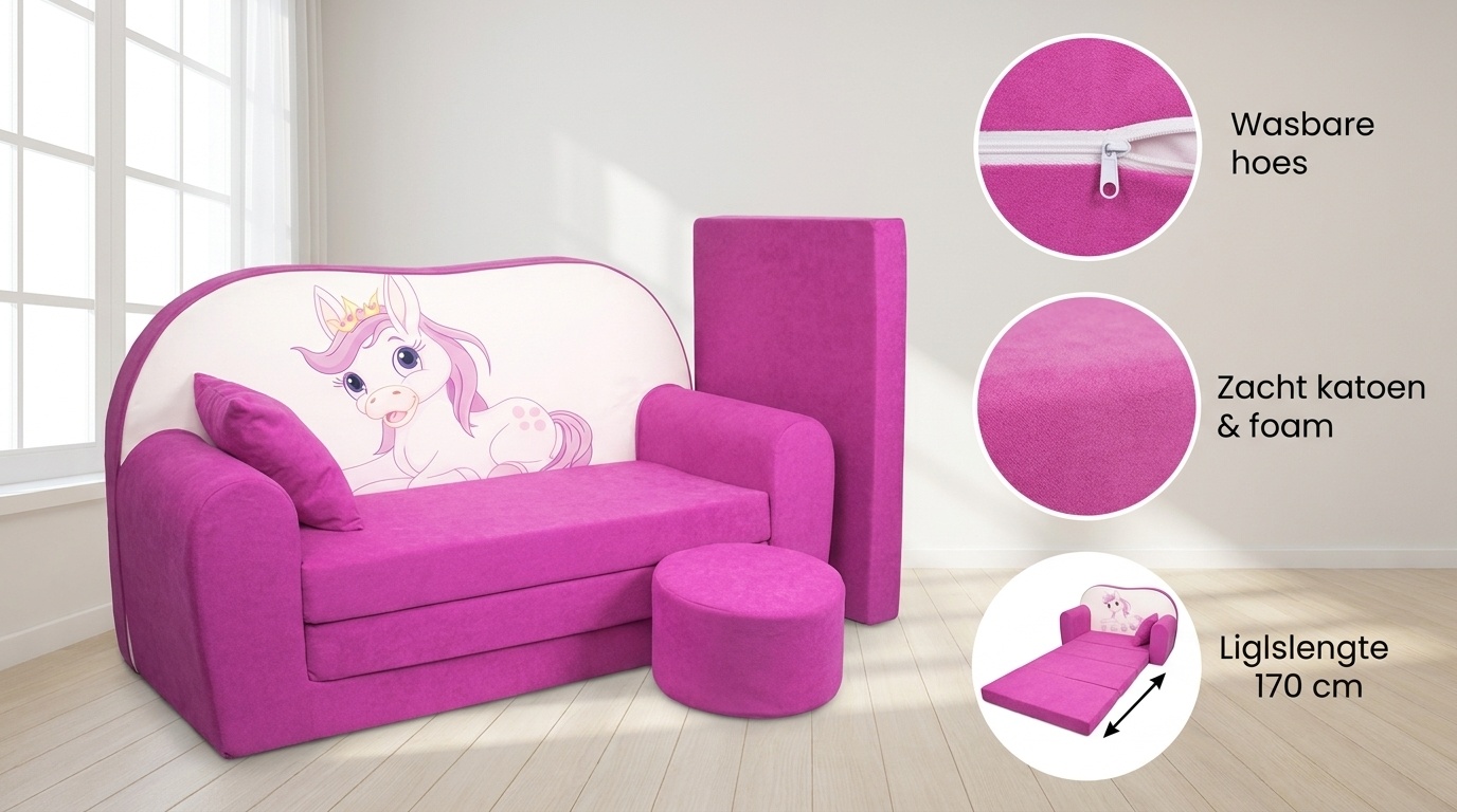 Kinder slaapbank set - logeermatras - sofa - 170 x 100 x 8 - slaapbank - roze - paard