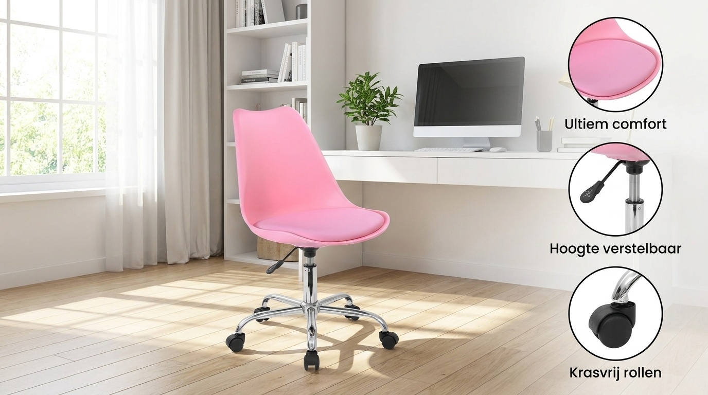 Bureaustoel roze - Hoogte verstelbaar | Ergonomisch | 82-94cm