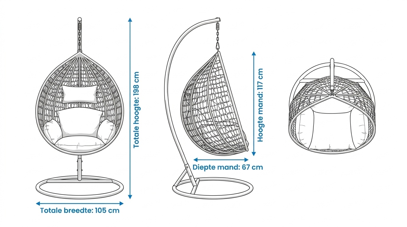 Hangstoel - ei stoel - met zwarte standaard & kussens - tot 150kg