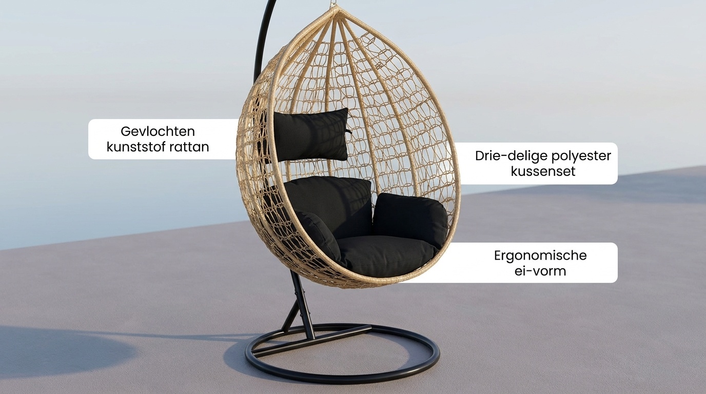 Hangstoel - ei stoel - met zwarte standaard & kussens - tot 150kg