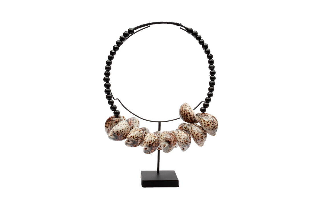 The Tiger Cowrie Necklace Black Wood on Stand