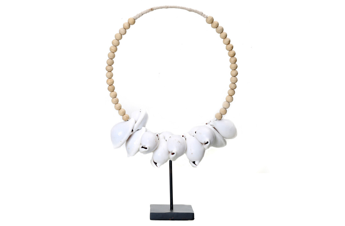 The White Cowrie Necklace Natural Wood on Stand