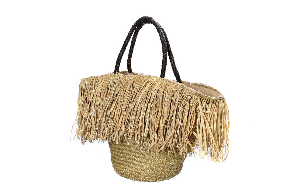 The Fringe Raffia Basket with Leather Handle - Natural