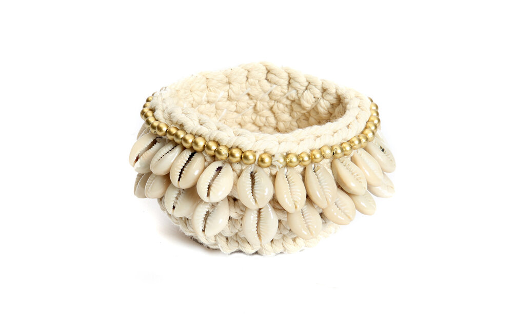 The Gold & Cowrie Macrame Candle Holder - Natural Gold - S