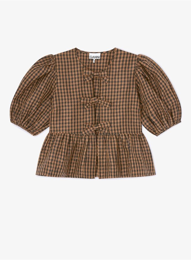 Crinkled peplum top brown check