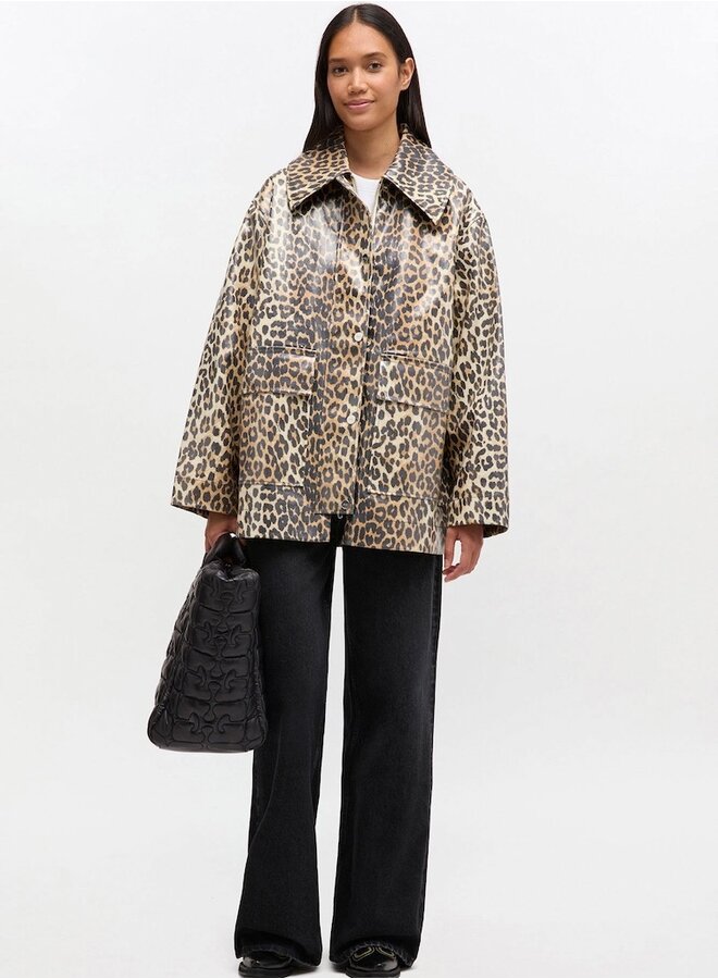 Laminated cotton canvas jacket leopard